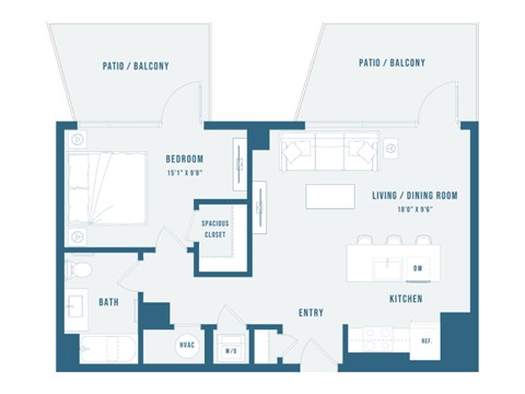 Floor plan for 1 bed, 1 bath, 714 sqft